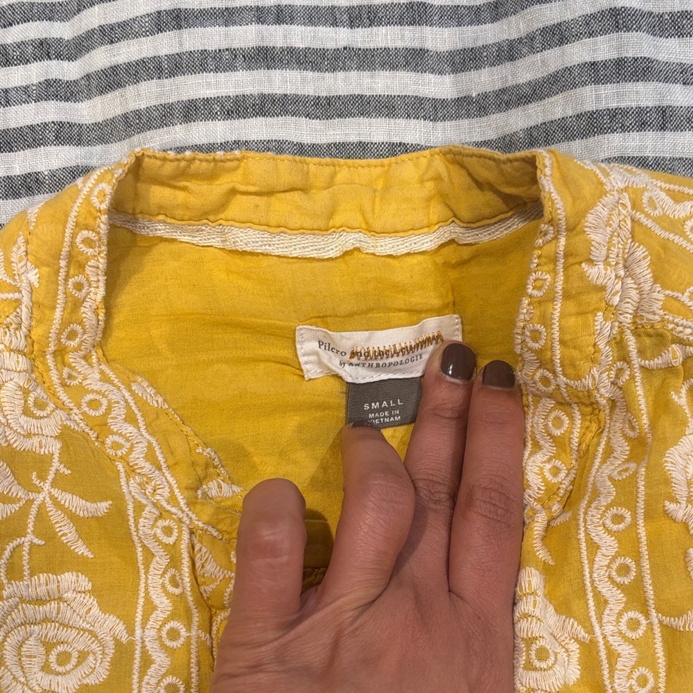 Pilcro and the Letterpress Mustard Blouse with Cream Embroidery